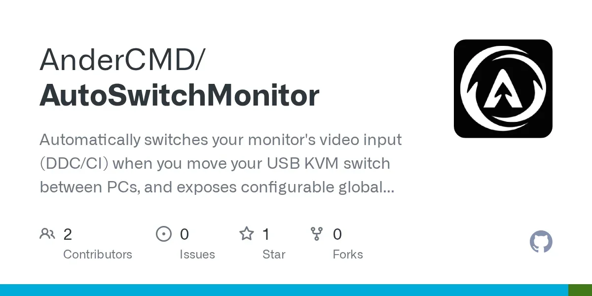 Cambia automáticamente la entrada de video del monitor (DDC/CI) al mover un switch KVM por USB entre equipos, con atajos de teclado configurables. Binario único en Go para Windows y macOS.
