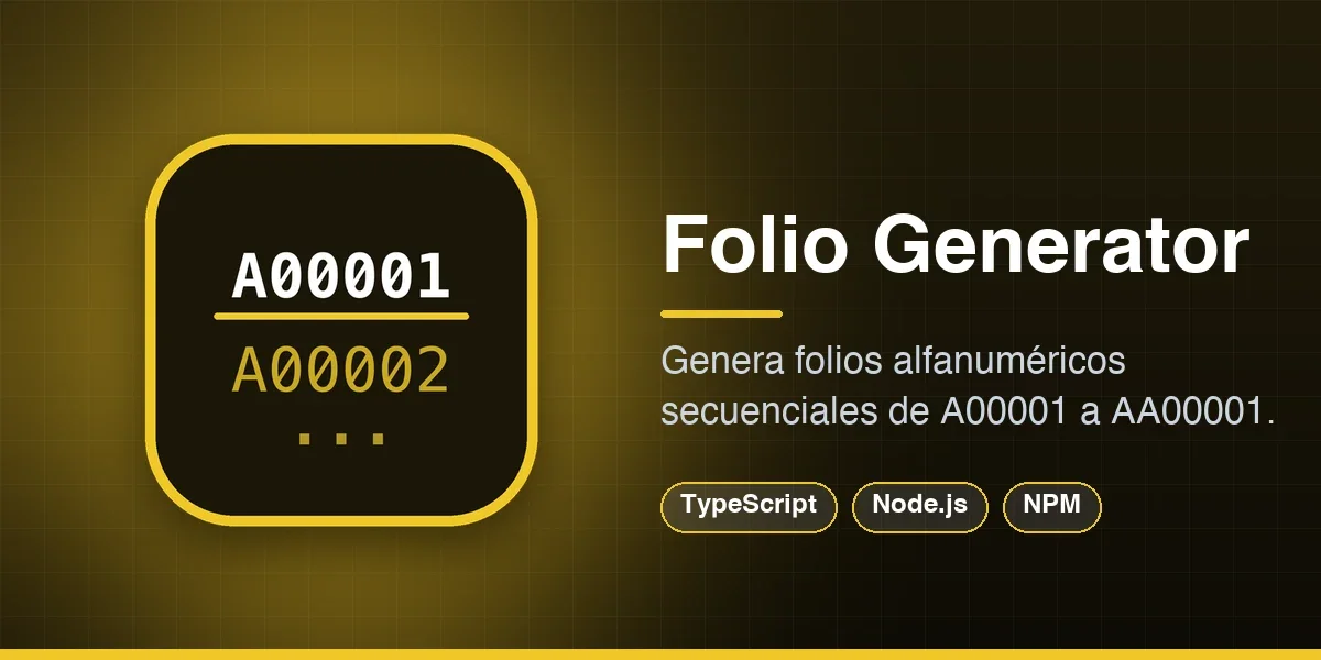 Librería robusta y flexible diseñada para generar códigos alfanuméricos secuenciales (folios) como A00001, A00002. Soporta padding, separadores personalizados, manejo de colisiones y es Type-safe. Publicada en NPM para JS y TS.