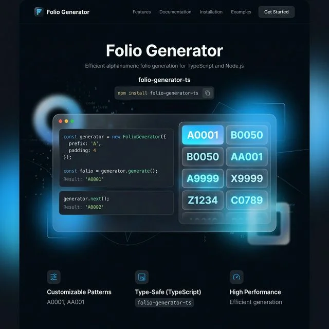 Librería robusta y flexible diseñada para generar códigos alfanuméricos secuenciales (folios) como A00001, A00002. Soporta padding, separadores personalizados y es Type-safe. Disponible en JS, TS y Python.